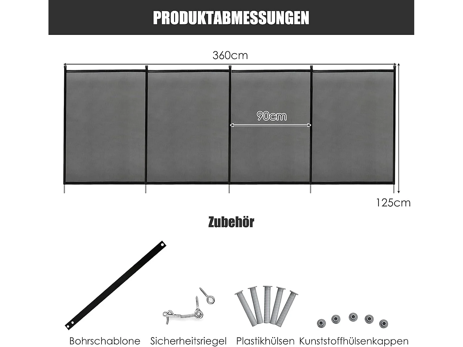 Zwembadhek voor verzonken zwembad, 360 x 125 cm, kinderveilig, zwembadbeschermingsomheining voor zwembad, tuin, complete set, vijverhek