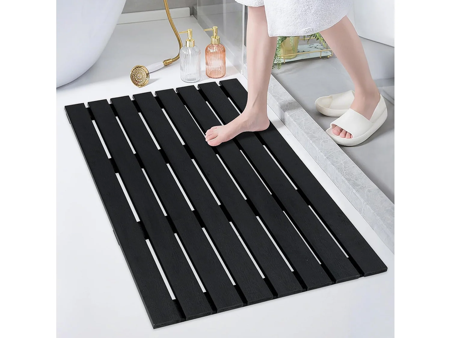 Vloerelement voor zonnedouche, WPC bodemplaat voor tuindouche, zwembadladder of zwembad, antislip, 100 x 60 x 2,5 cm, zwart ZB34235