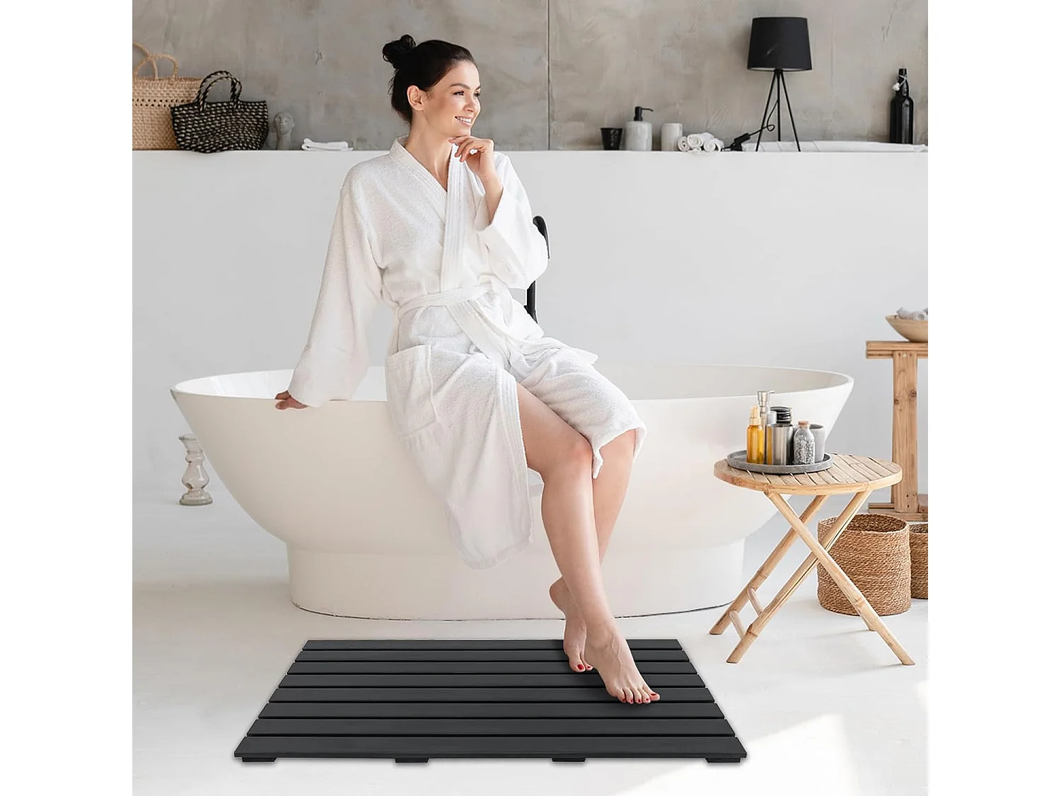 Vloerelement voor zonnedouche, WPC bodemplaat voor tuindouche, zwembadladder of zwembad, antislip, 100 x 60 x 2,5 cm, zwart ZB34235