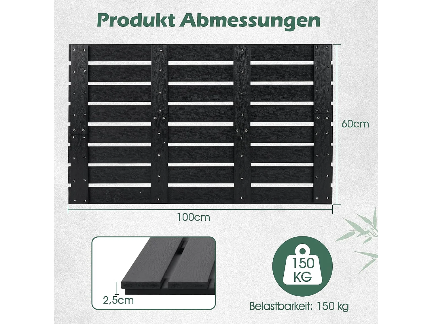 Vloerelement voor zonnedouche, WPC bodemplaat voor tuindouche, zwembadladder of zwembad, antislip, 100 x 60 x 2,5 cm, zwart ZB34235
