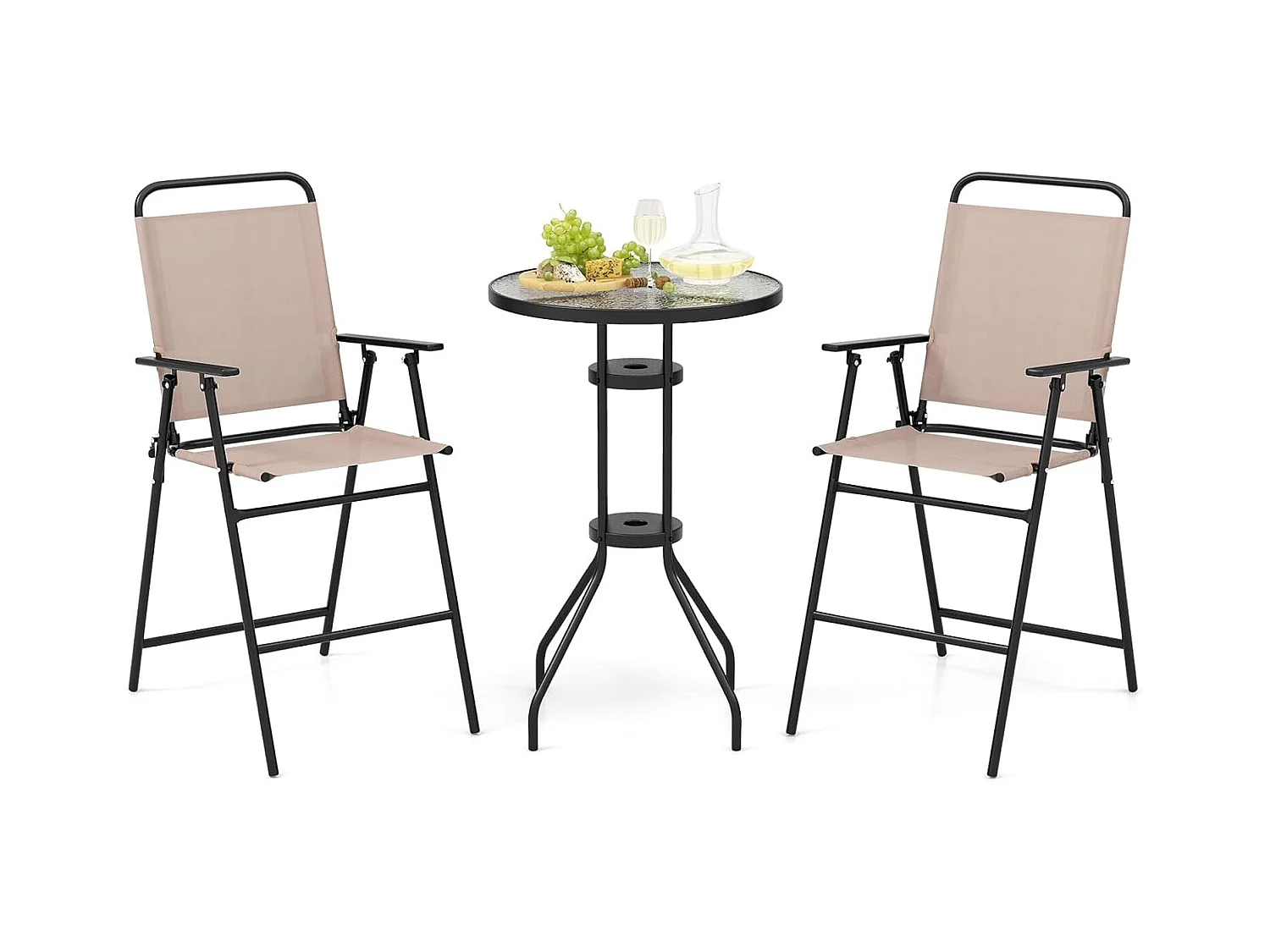 Bistrotafel met 2 inklapbare stoelen, 3-delige balkonmeubels, balkonset, tuinmeubelset, zitgroep, tuingarnituur voor tuin, balkon, zwembad, beige ZB33579