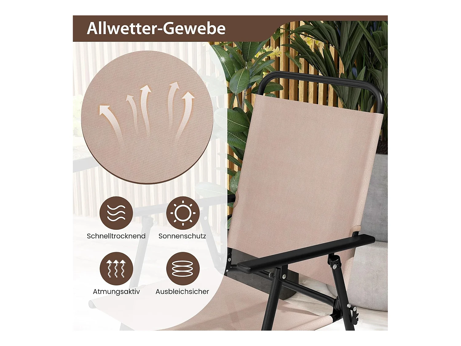 Bistrotafel met 2 inklapbare stoelen, 3-delige balkonmeubels, balkonset, tuinmeubelset, zitgroep, tuingarnituur voor tuin, balkon, zwembad, beige ZB33579