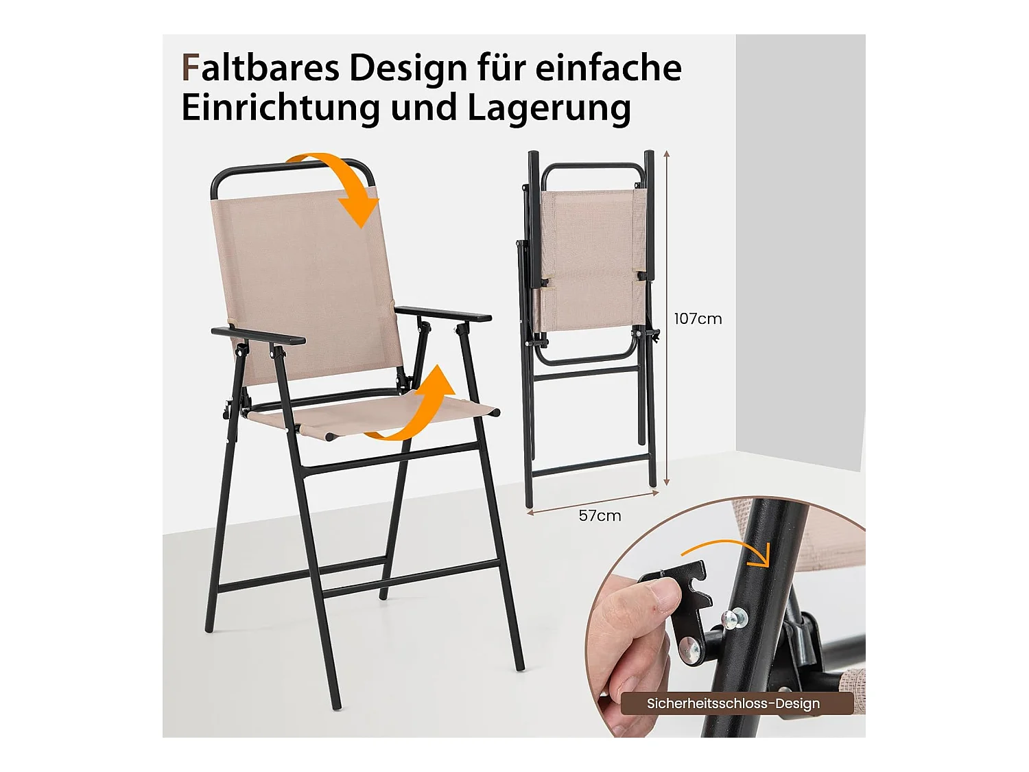 Bistrotafel met 2 inklapbare stoelen, 3-delige balkonmeubels, balkonset, tuinmeubelset, zitgroep, tuingarnituur voor tuin, balkon, zwembad, beige ZB33579