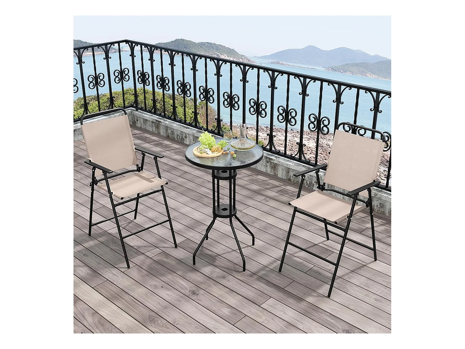 Bistrotafel met 2 inklapbare stoelen, 3-delige balkonmeubels, balkonset, tuinmeubelset, zitgroep, tuingarnituur voor tuin, balkon, zwembad, beige ZB33579