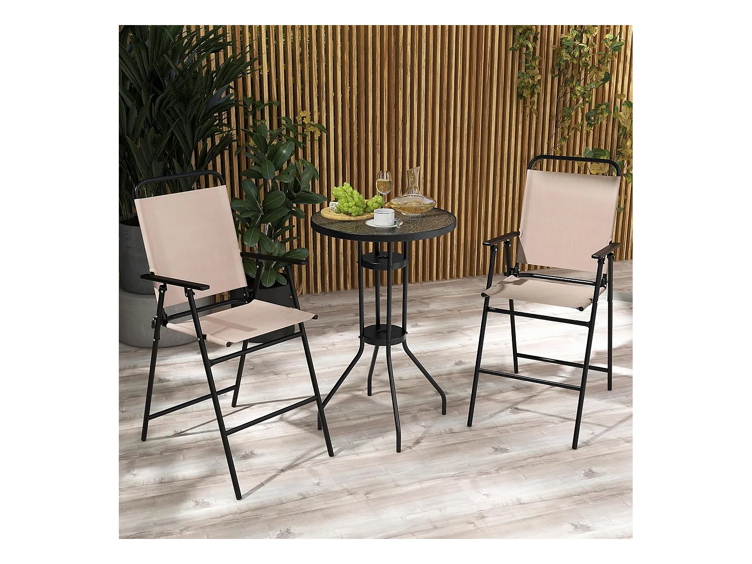Bistrotafel met 2 inklapbare stoelen, 3-delige balkonmeubels, balkonset, tuinmeubelset, zitgroep, tuingarnituur voor tuin, balkon, zwembad, beige ZB33579
