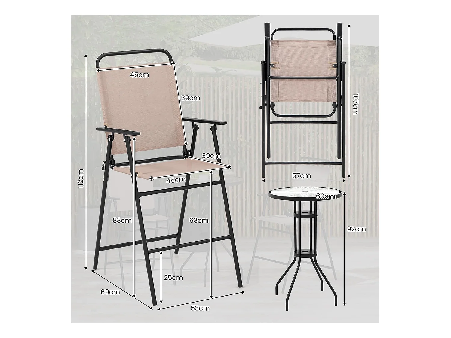 Bistrotafel met 2 inklapbare stoelen, 3-delige balkonmeubels, balkonset, tuinmeubelset, zitgroep, tuingarnituur voor tuin, balkon, zwembad, beige ZB33579