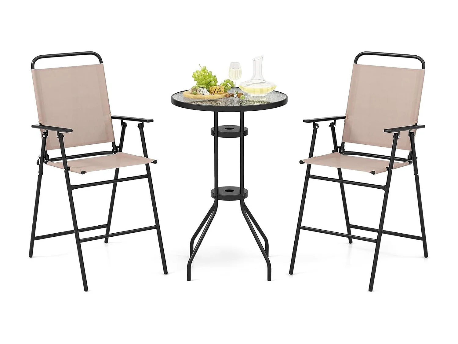 Bistrotafel met 2 inklapbare stoelen, 3-delige balkonmeubels, balkonset, tuinmeubelset, zitgroep, tuingarnituur voor tuin, balkon, zwembad, beige ZB33579