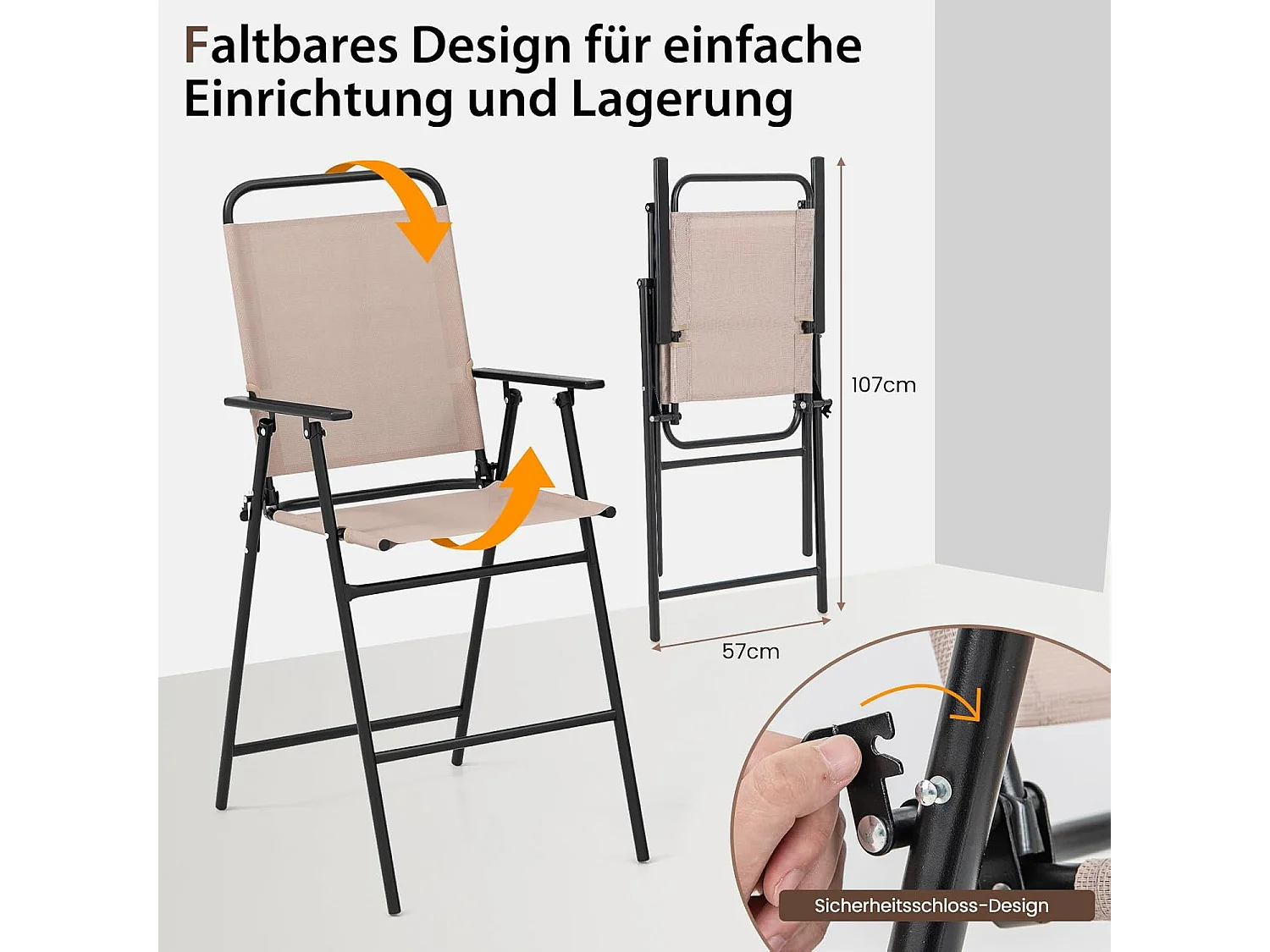 Bistrotafel met 2 inklapbare stoelen, 3-delige balkonmeubels, balkonset, tuinmeubelset, zitgroep, tuingarnituur voor tuin, balkon, zwembad, beige ZB33579