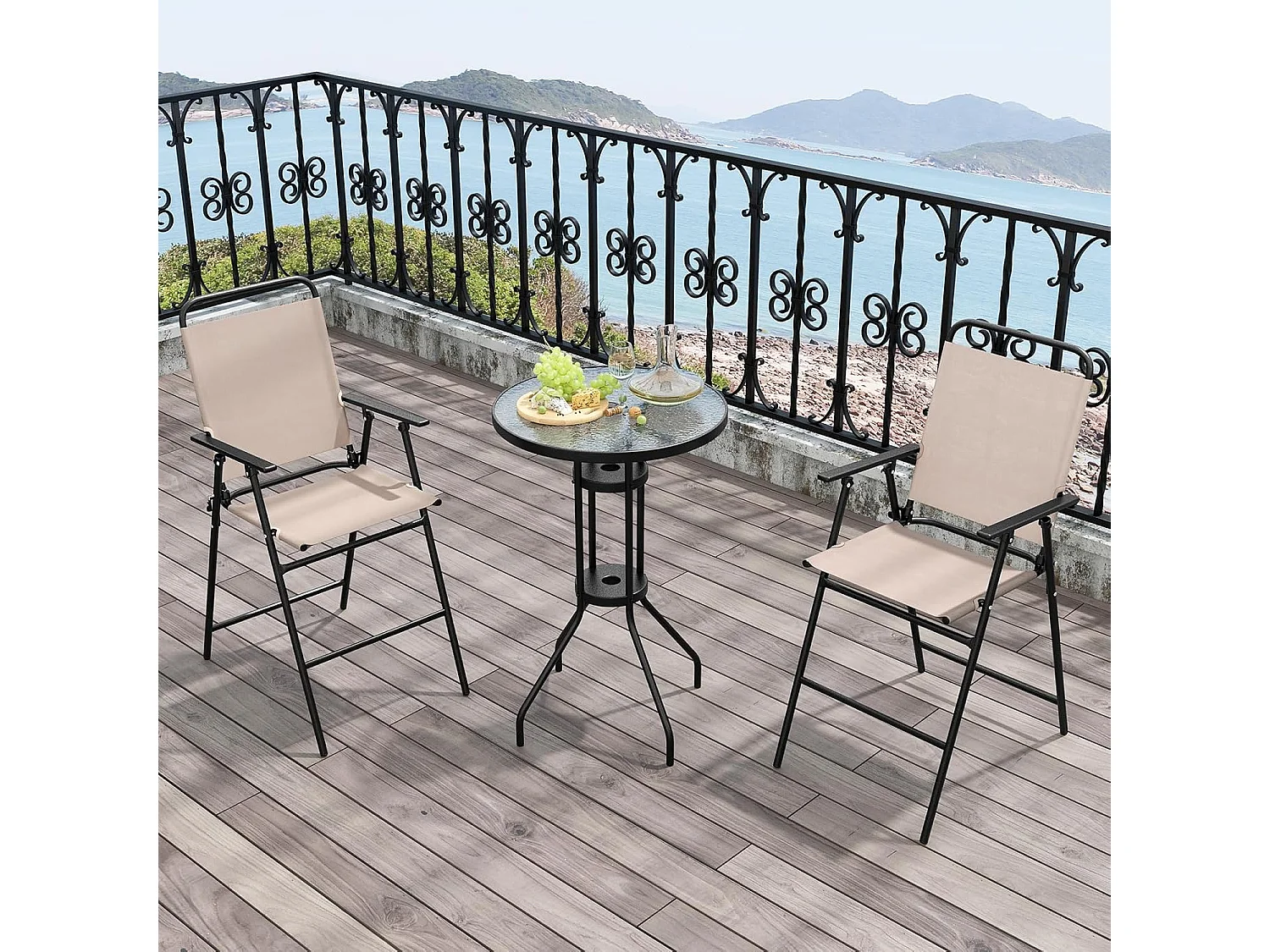 Bistrotafel met 2 inklapbare stoelen, 3-delige balkonmeubels, balkonset, tuinmeubelset, zitgroep, tuingarnituur voor tuin, balkon, zwembad, beige ZB33579