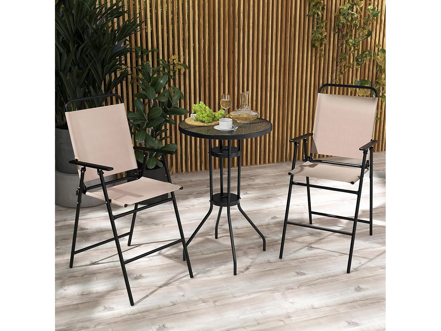 Bistrotafel met 2 inklapbare stoelen, 3-delige balkonmeubels, balkonset, tuinmeubelset, zitgroep, tuingarnituur voor tuin, balkon, zwembad, beige ZB33579