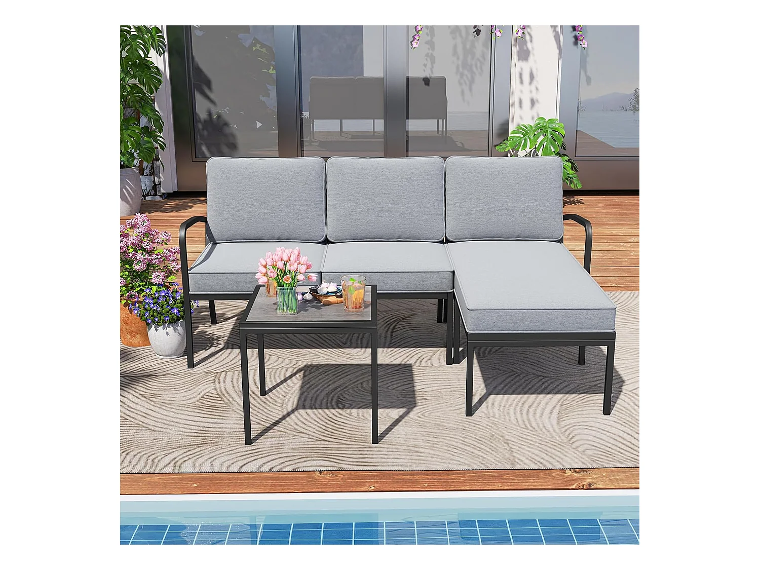 Tuinlounge 3-delig, tuinmeubelset, outdoor lounge met tafel en kussens, terrasmeubels, zitgroep voor tuin, terras, balkon ZB33180