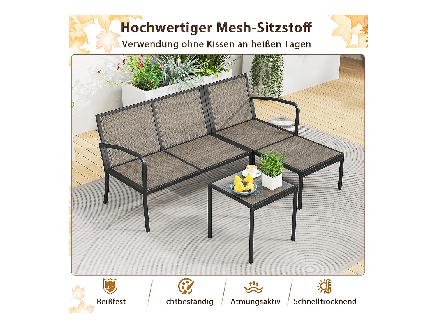 Tuinlounge 3-delig, tuinmeubelset, outdoor lounge met tafel en kussens, terrasmeubels, zitgroep voor tuin, terras, balkon ZB33180