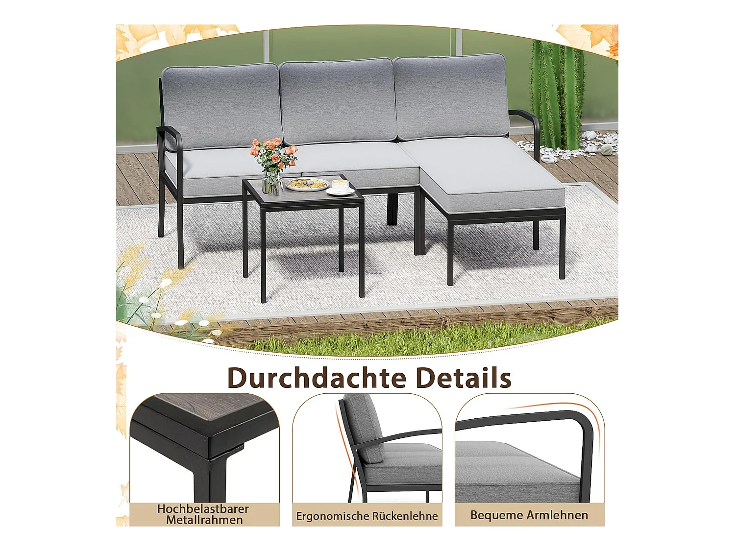 Tuinlounge 3-delig, tuinmeubelset, outdoor lounge met tafel en kussens, terrasmeubels, zitgroep voor tuin, terras, balkon ZB33180