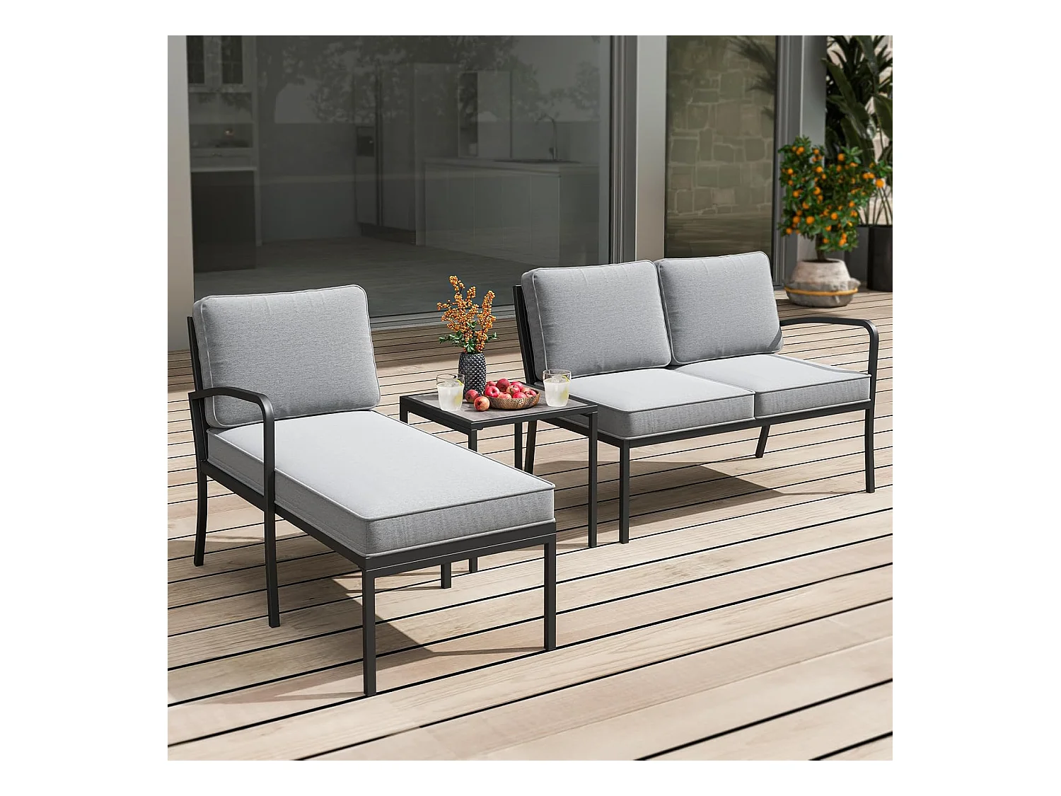 Tuinlounge 3-delig, tuinmeubelset, outdoor lounge met tafel en kussens, terrasmeubels, zitgroep voor tuin, terras, balkon ZB33180