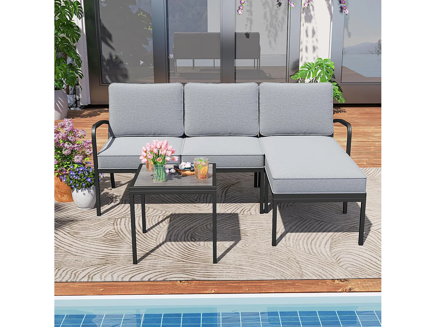 Tuinlounge 3-delig, tuinmeubelset, outdoor lounge met tafel en kussens, terrasmeubels, zitgroep voor tuin, terras, balkon ZB33180