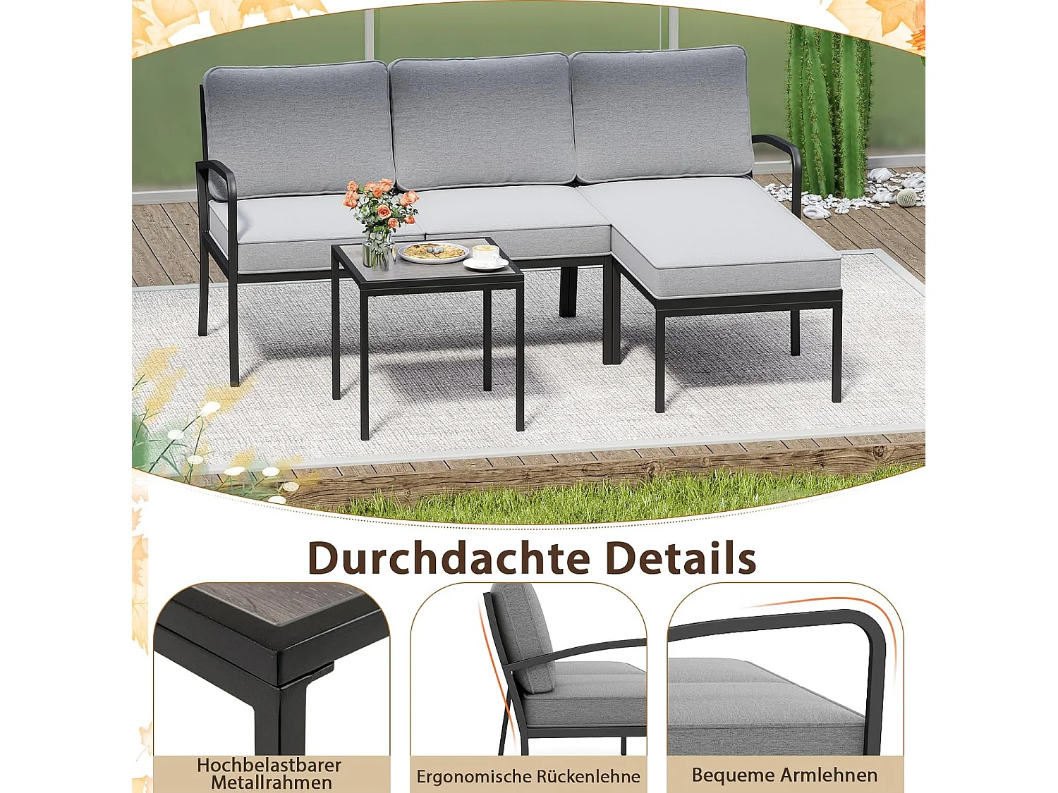 Tuinlounge 3-delig, tuinmeubelset, outdoor lounge met tafel en kussens, terrasmeubels, zitgroep voor tuin, terras, balkon ZB33180