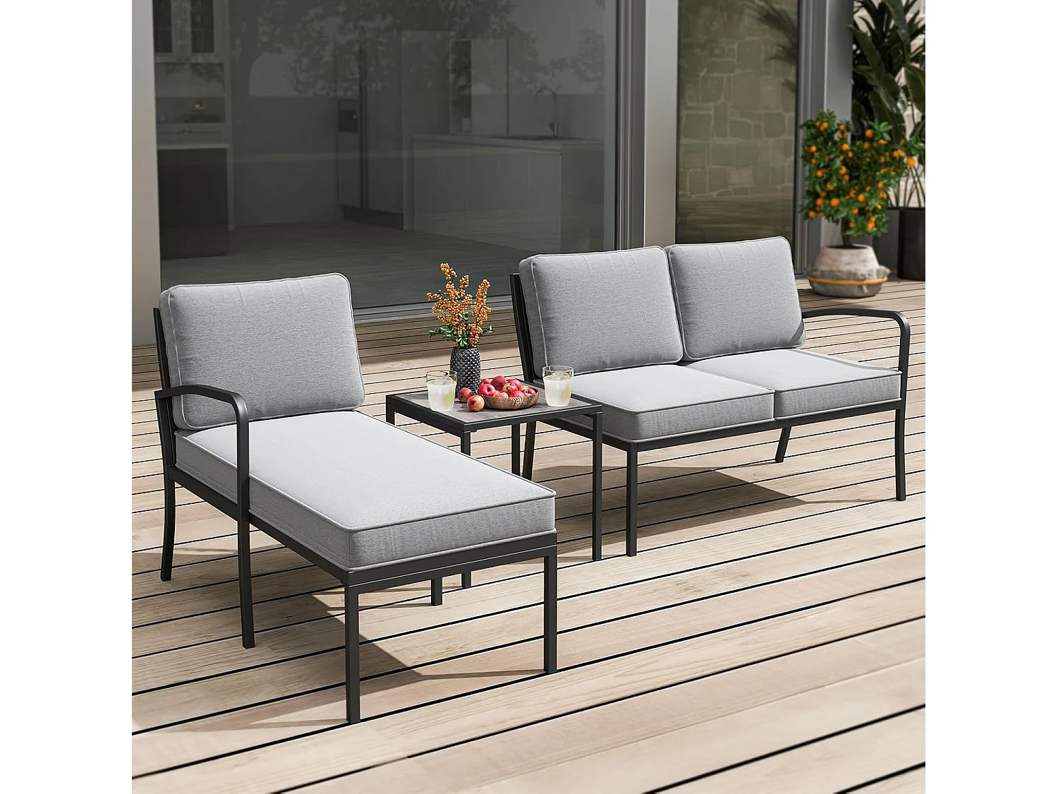 Tuinlounge 3-delig, tuinmeubelset, outdoor lounge met tafel en kussens, terrasmeubels, zitgroep voor tuin, terras, balkon ZB33180