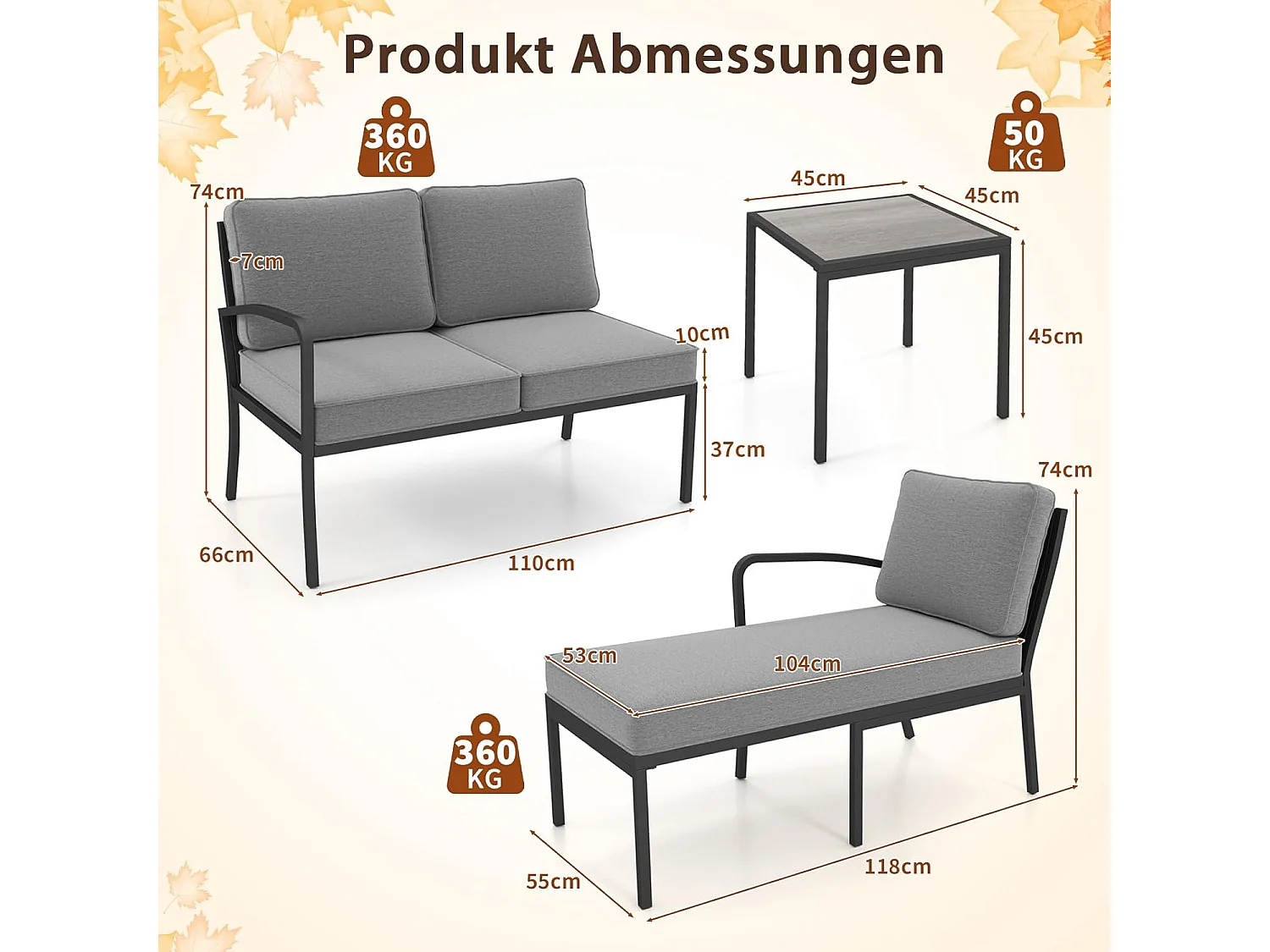 Tuinlounge 3-delig, tuinmeubelset, outdoor lounge met tafel en kussens, terrasmeubels, zitgroep voor tuin, terras, balkon ZB33180