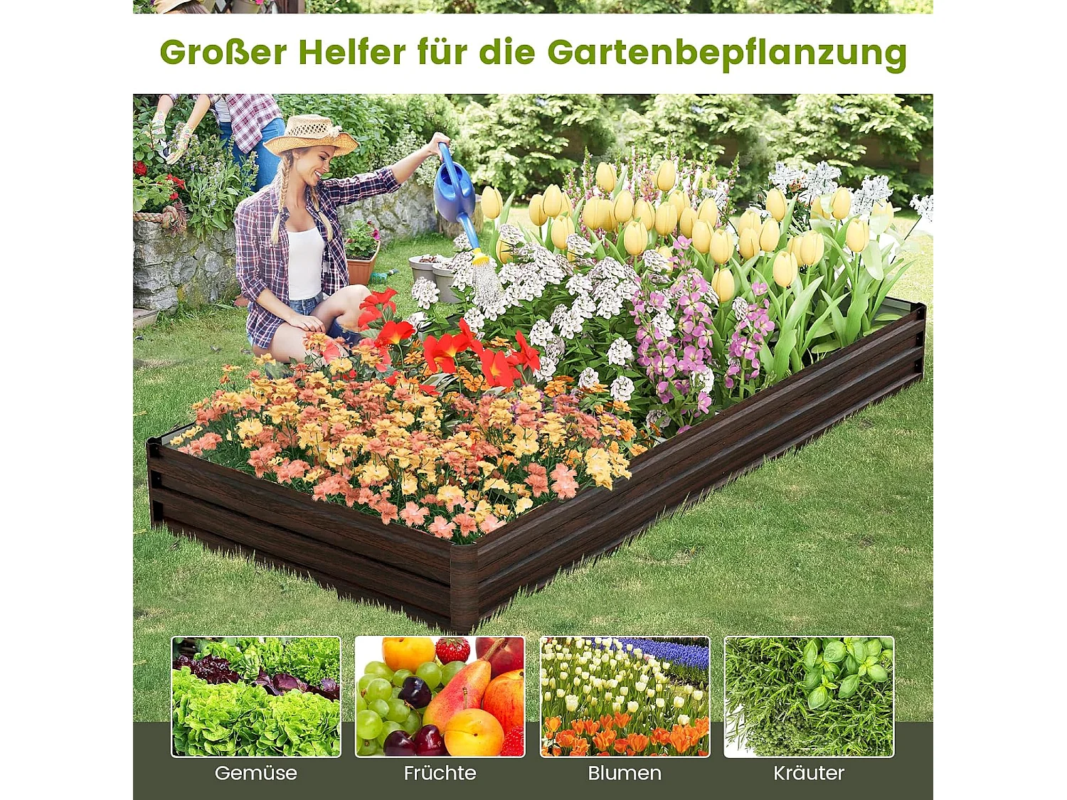 Verhoogd bloembed van metaal, kruidenbak, groentebed, bloembed, tuinbed voor groenten, fruit, kruiden, bloemen, 240 x 120 x 30 cm ZB33540