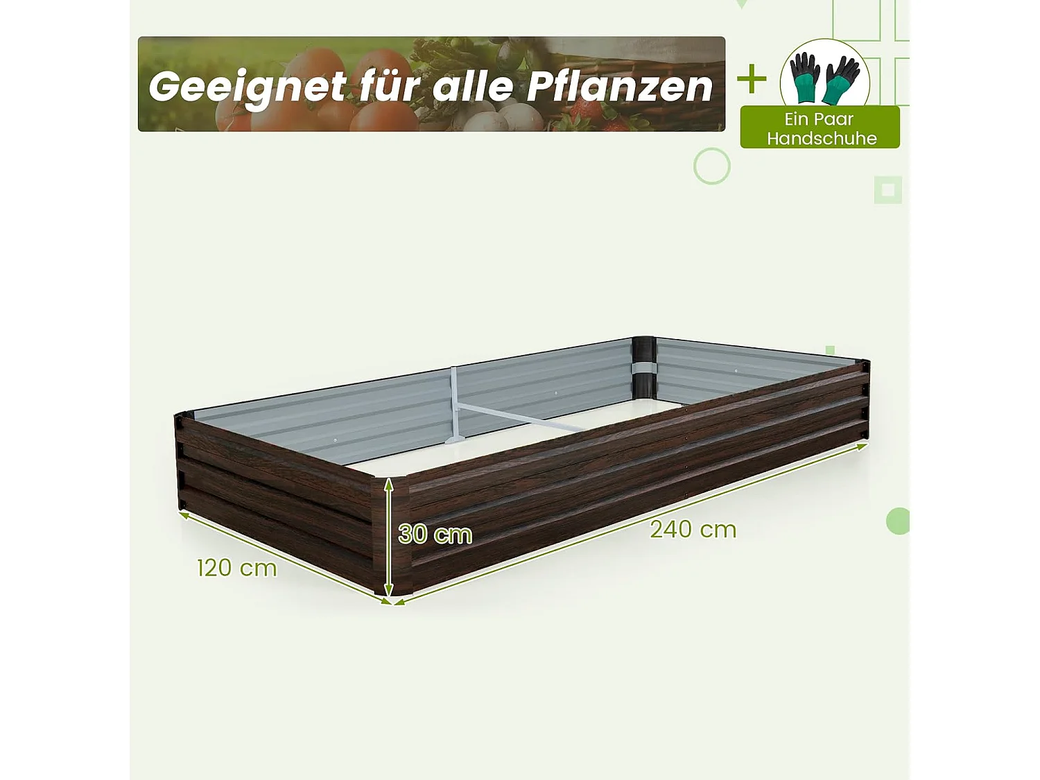 Verhoogd bloembed van metaal, kruidenbak, groentebed, bloembed, tuinbed voor groenten, fruit, kruiden, bloemen, 240 x 120 x 30 cm ZB33540