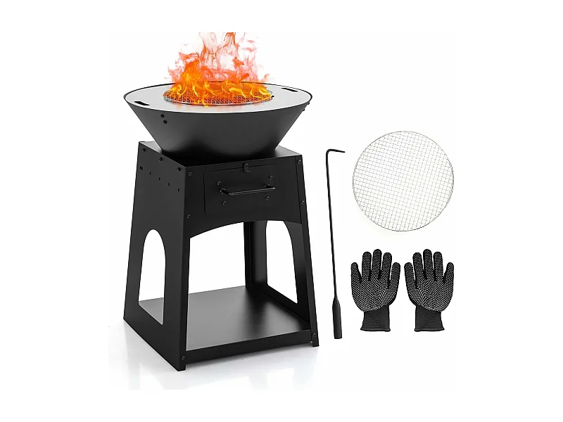 Vuurplaats met grillrooster, aslade, onderste opbergvak, vuurschaal, incl. pookhaak en handschoenen, Fire Pit voor camping, tuin, terras ZB33690