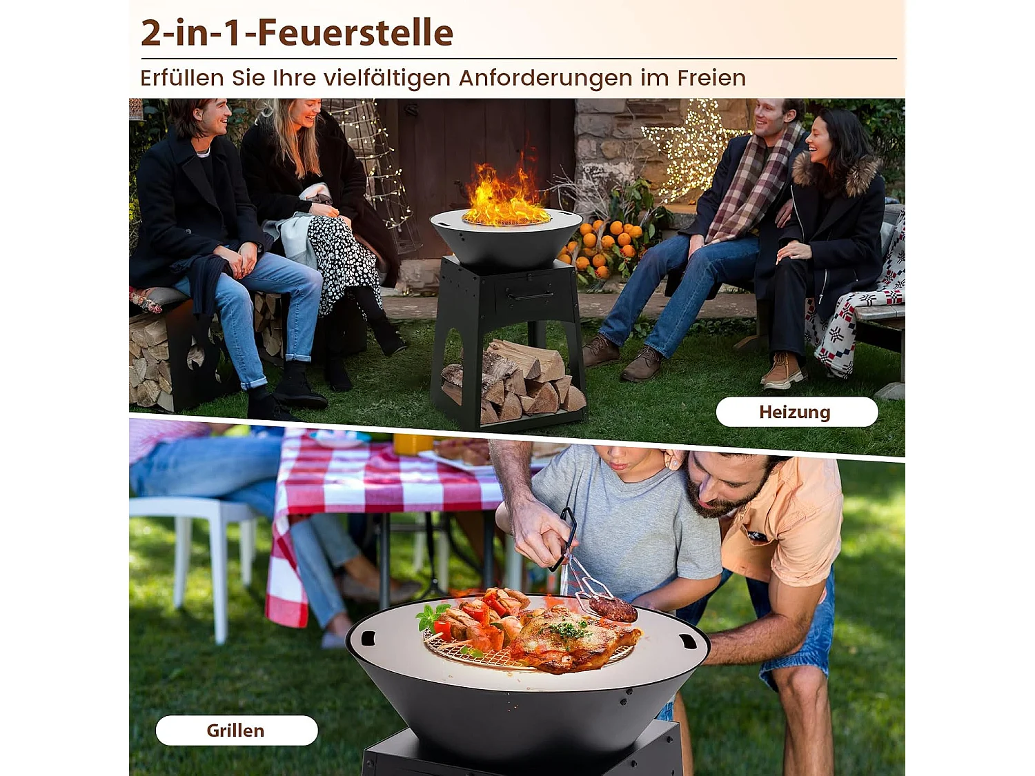 Vuurplaats met grillrooster, aslade, onderste opbergvak, vuurschaal, incl. pookhaak en handschoenen, Fire Pit voor camping, tuin, terras ZB33690