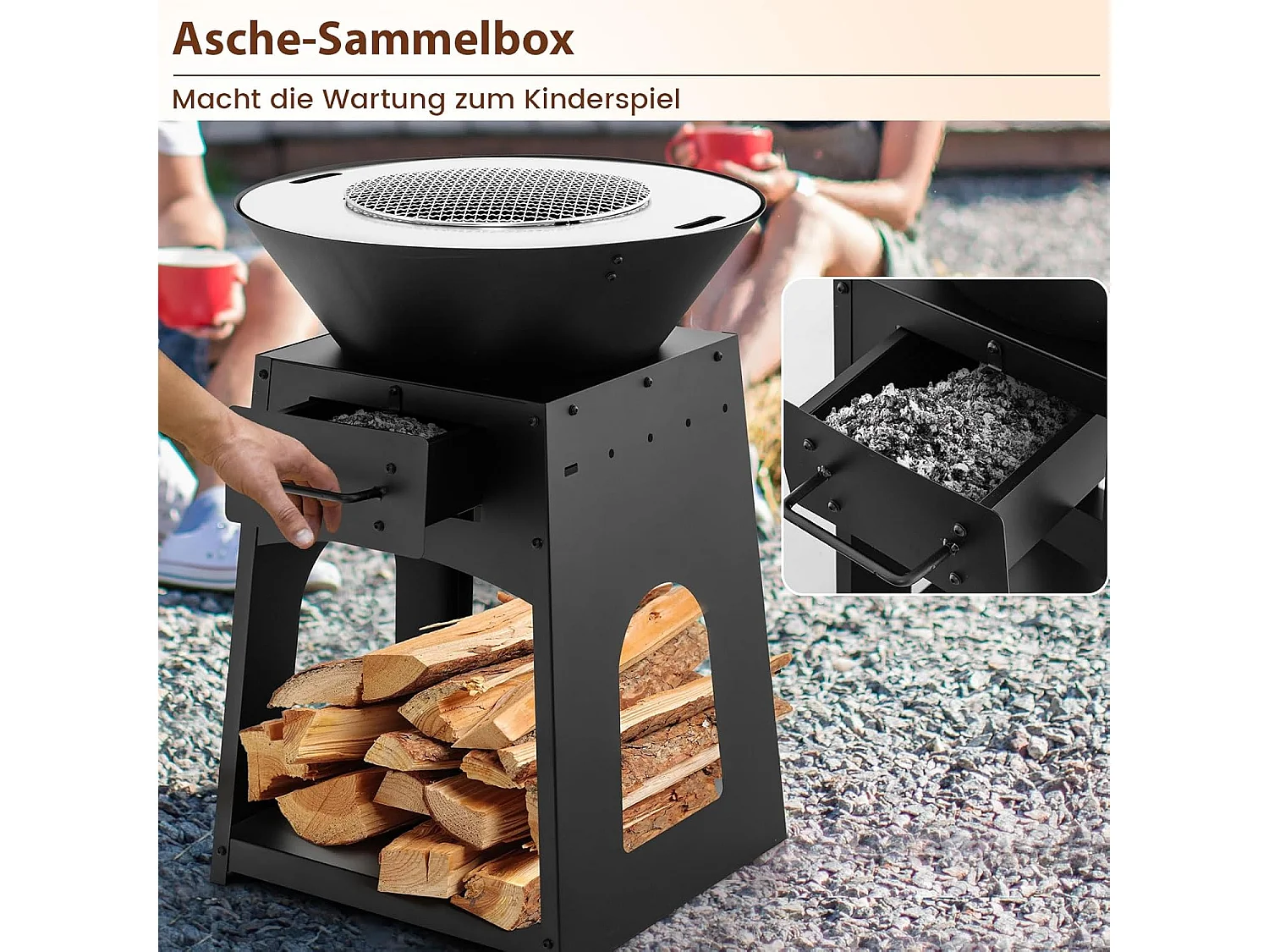 Vuurplaats met grillrooster, aslade, onderste opbergvak, vuurschaal, incl. pookhaak en handschoenen, Fire Pit voor camping, tuin, terras ZB33690