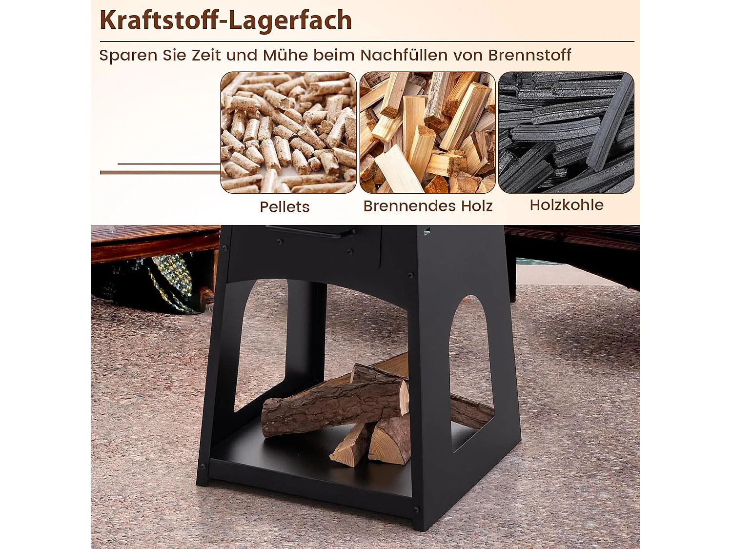 Vuurplaats met grillrooster, aslade, onderste opbergvak, vuurschaal, incl. pookhaak en handschoenen, Fire Pit voor camping, tuin, terras ZB33690