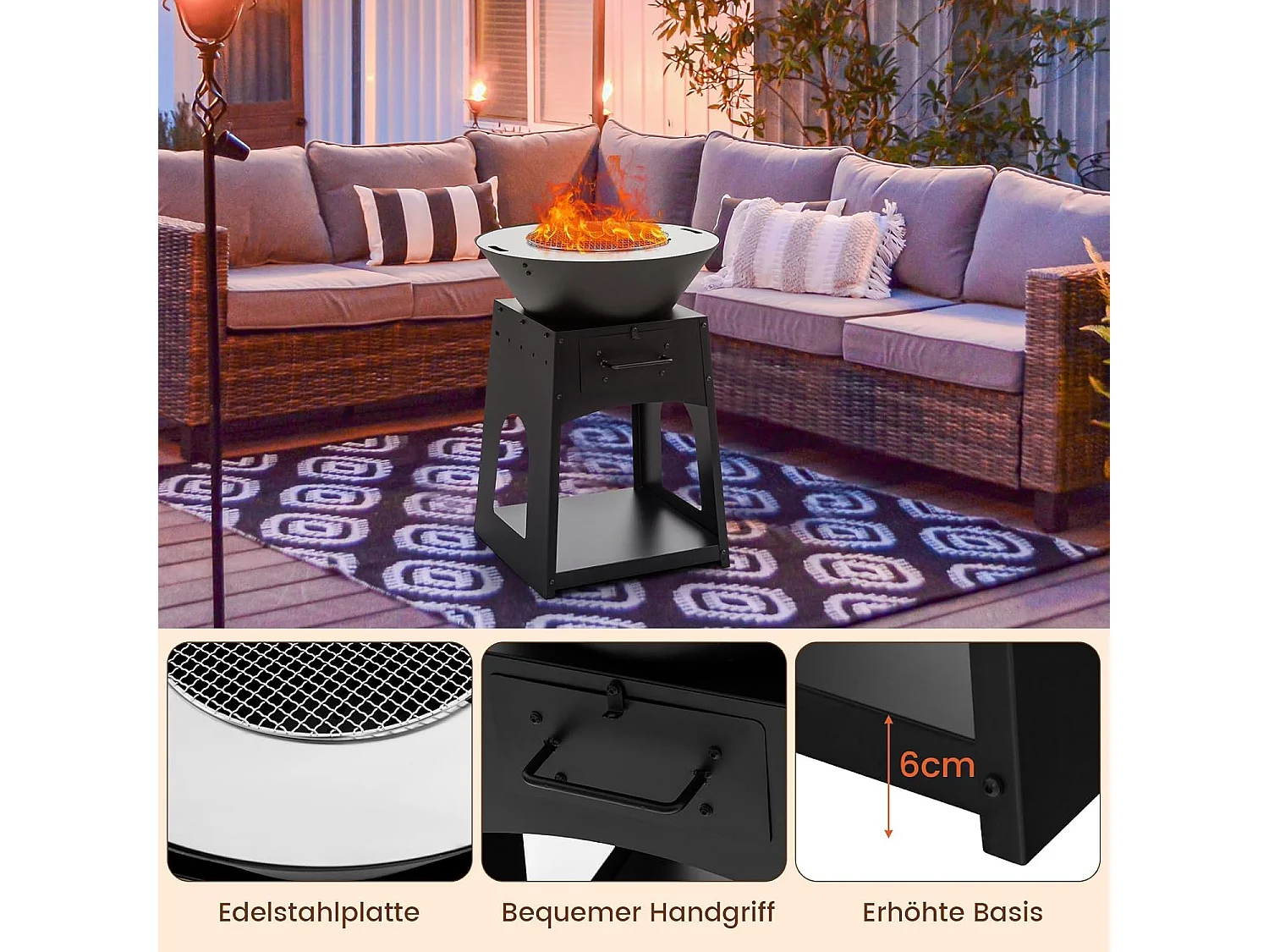 Vuurplaats met grillrooster, aslade, onderste opbergvak, vuurschaal, incl. pookhaak en handschoenen, Fire Pit voor camping, tuin, terras ZB33690