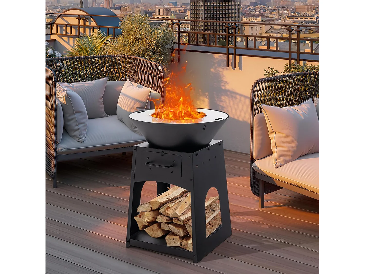 Vuurplaats met grillrooster, aslade, onderste opbergvak, vuurschaal, incl. pookhaak en handschoenen, Fire Pit voor camping, tuin, terras ZB33690