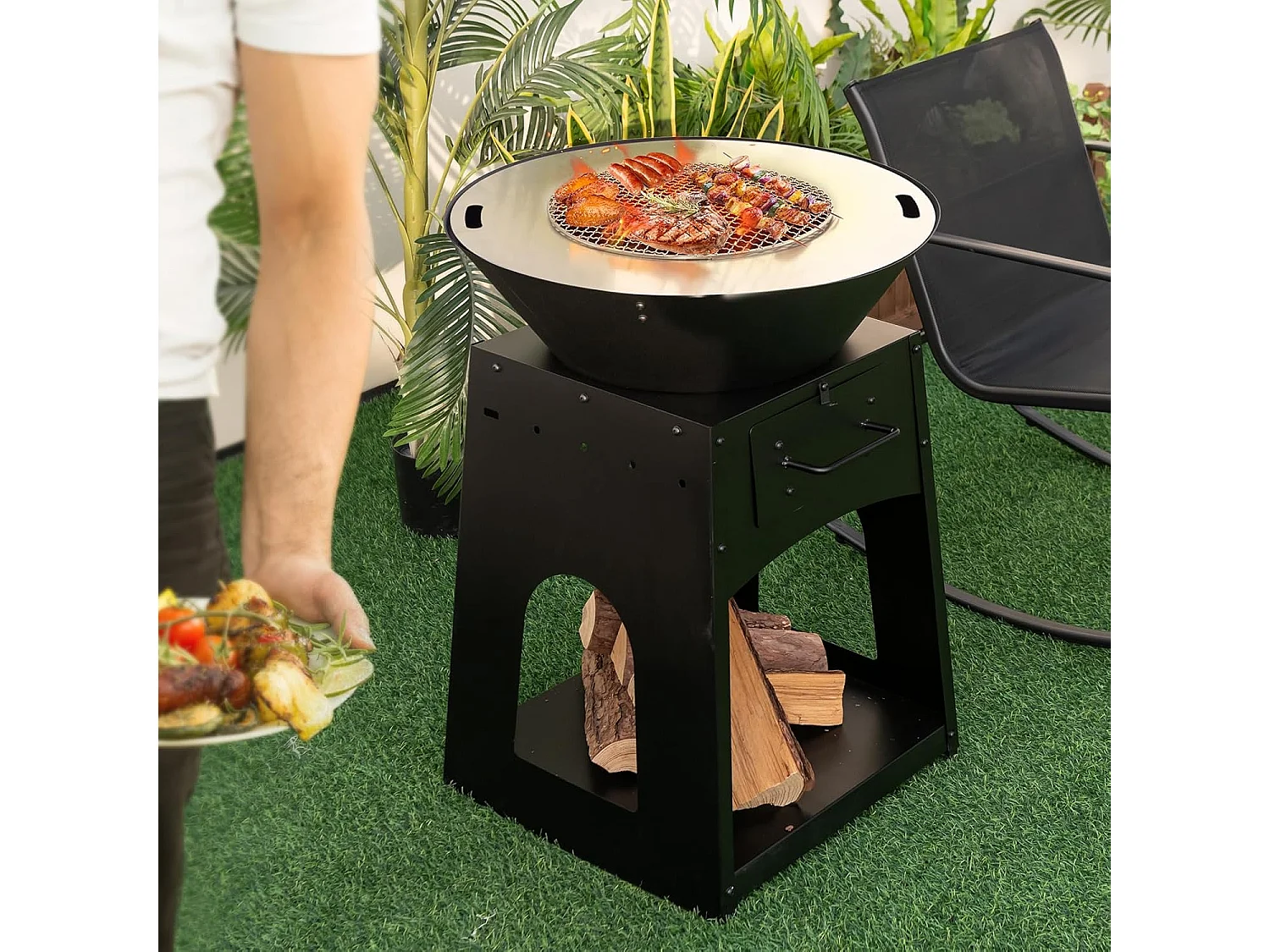 Vuurplaats met grillrooster, aslade, onderste opbergvak, vuurschaal, incl. pookhaak en handschoenen, Fire Pit voor camping, tuin, terras ZB33690