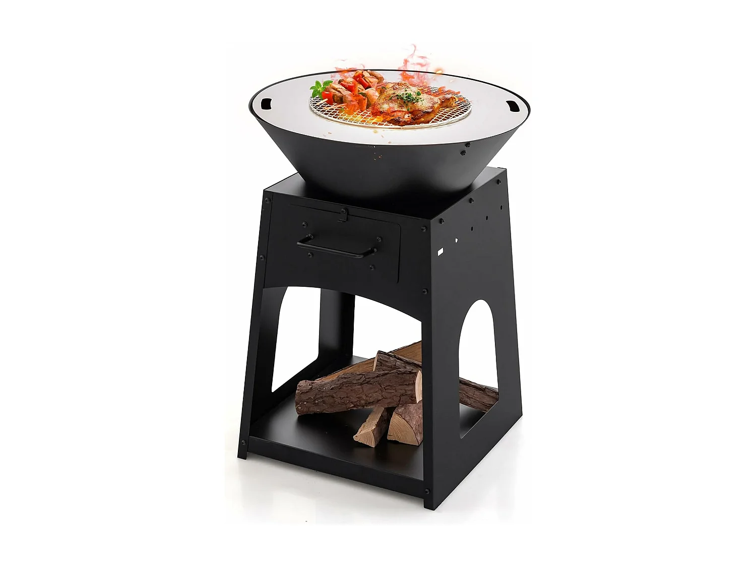 Vuurplaats met grillrooster, aslade, onderste opbergvak, vuurschaal, incl. pookhaak en handschoenen, Fire Pit voor camping, tuin, terras ZB33690