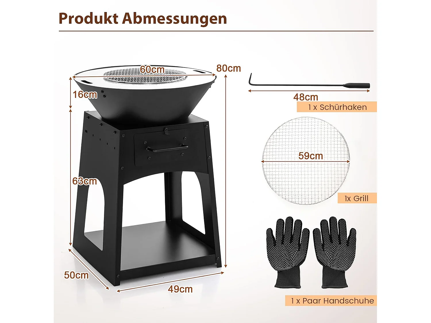 Vuurplaats met grillrooster, aslade, onderste opbergvak, vuurschaal, incl. pookhaak en handschoenen, Fire Pit voor camping, tuin, terras ZB33690