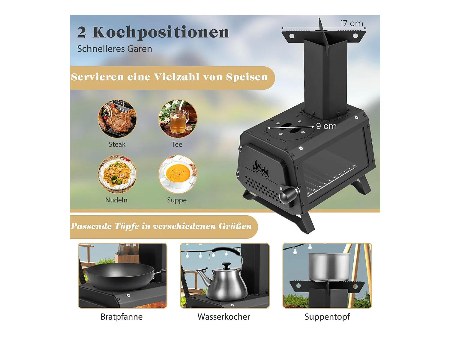 Outdoor Raketoven, 2 kookoppervlakken met kijkvenster en aspan, tentoven voor tuin en camping, kanonoven, houtkachel, campingoven