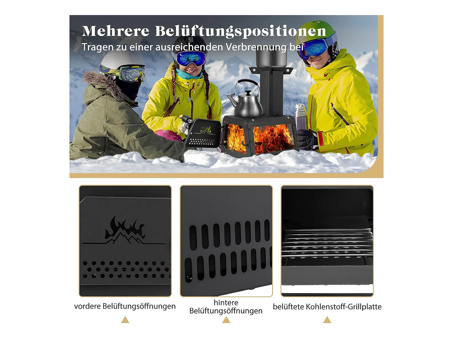 Outdoor Raketoven, 2 kookoppervlakken met kijkvenster en aspan, tentoven voor tuin en camping, kanonoven, houtkachel, campingoven