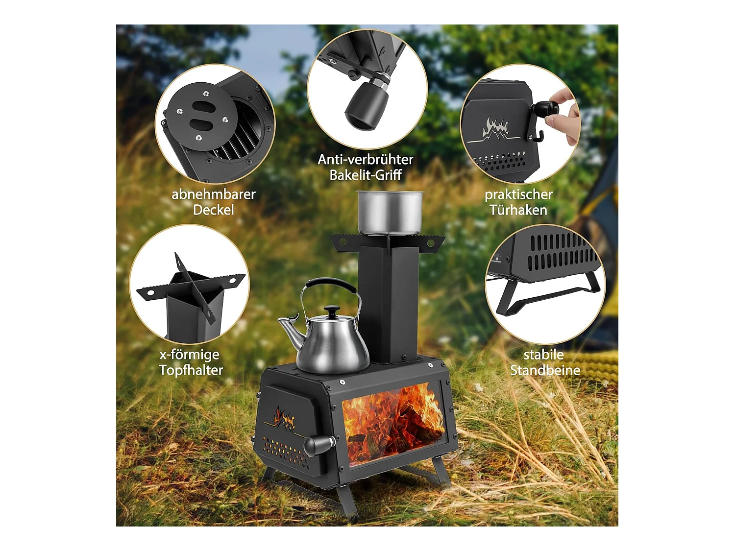 Outdoor Raketoven, 2 kookoppervlakken met kijkvenster en aspan, tentoven voor tuin en camping, kanonoven, houtkachel, campingoven