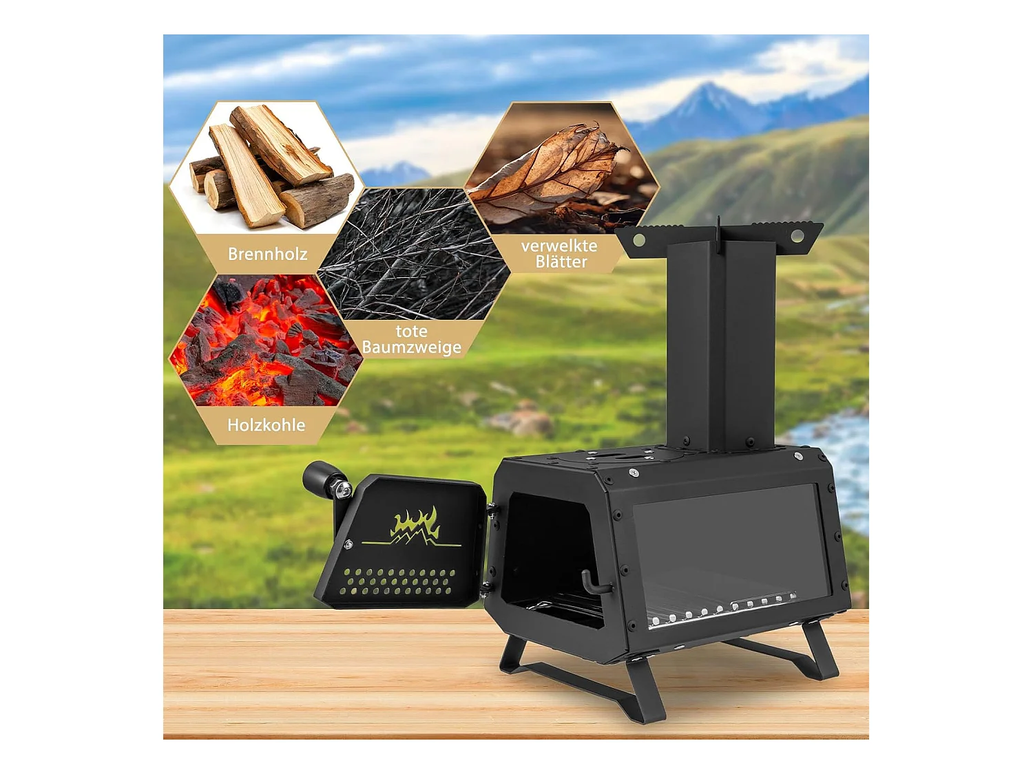 Outdoor Raketoven, 2 kookoppervlakken met kijkvenster en aspan, tentoven voor tuin en camping, kanonoven, houtkachel, campingoven