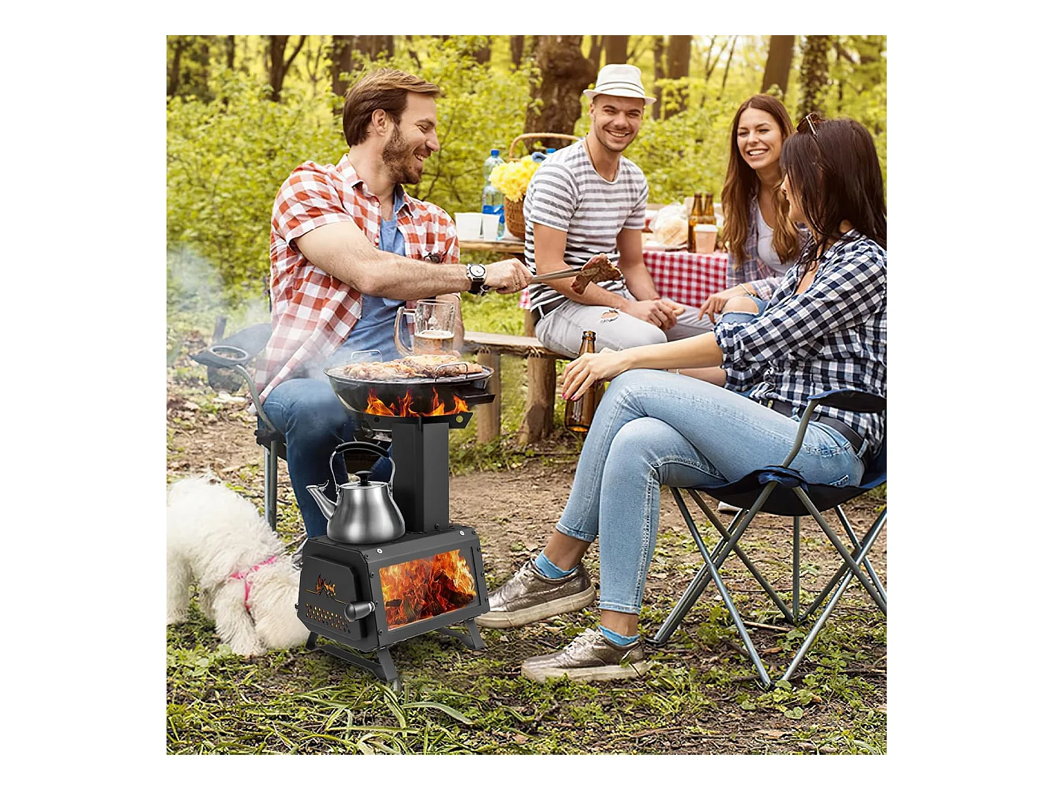 Outdoor Raketoven, 2 kookoppervlakken met kijkvenster en aspan, tentoven voor tuin en camping, kanonoven, houtkachel, campingoven