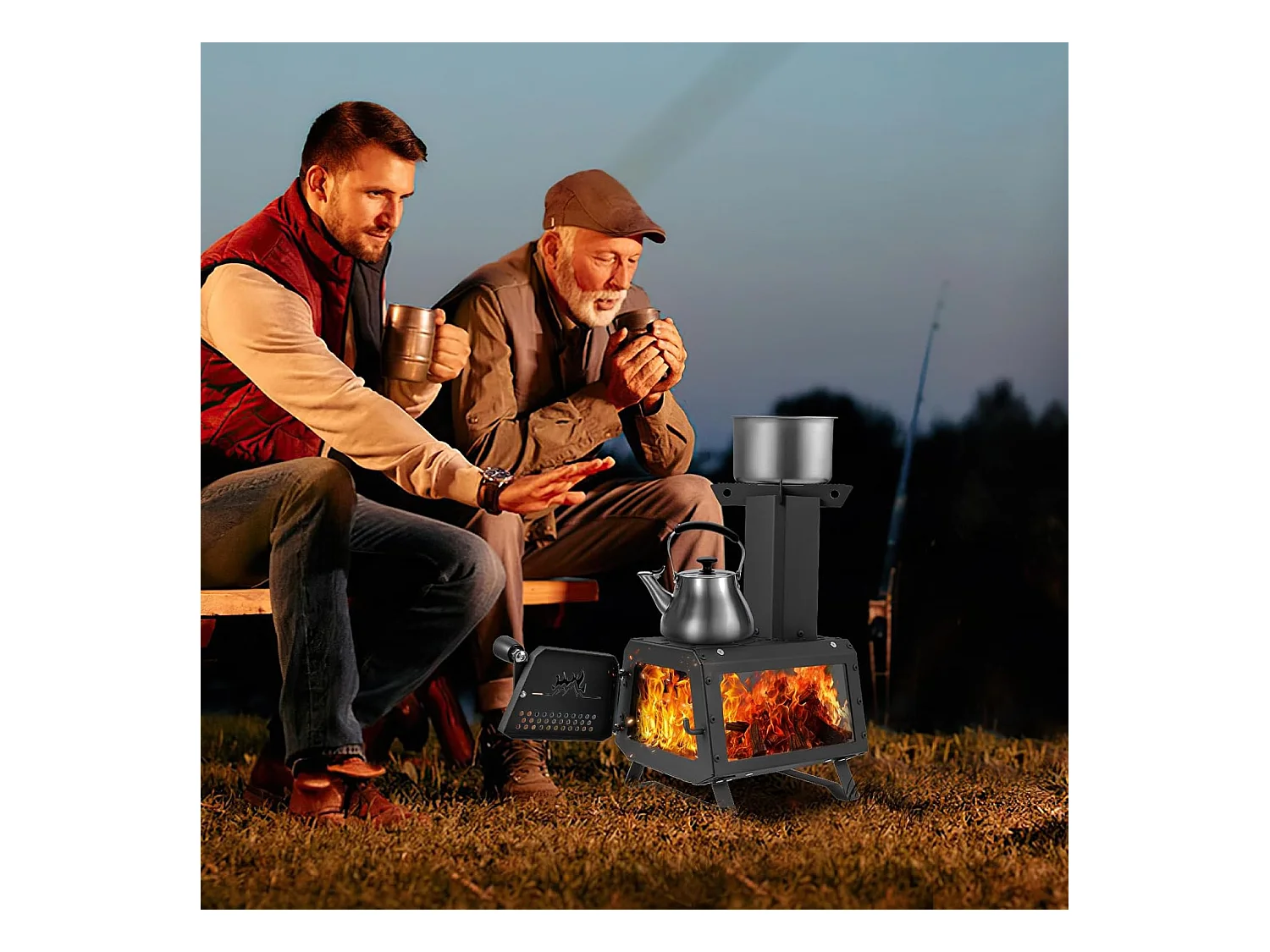 Outdoor Raketoven, 2 kookoppervlakken met kijkvenster en aspan, tentoven voor tuin en camping, kanonoven, houtkachel, campingoven