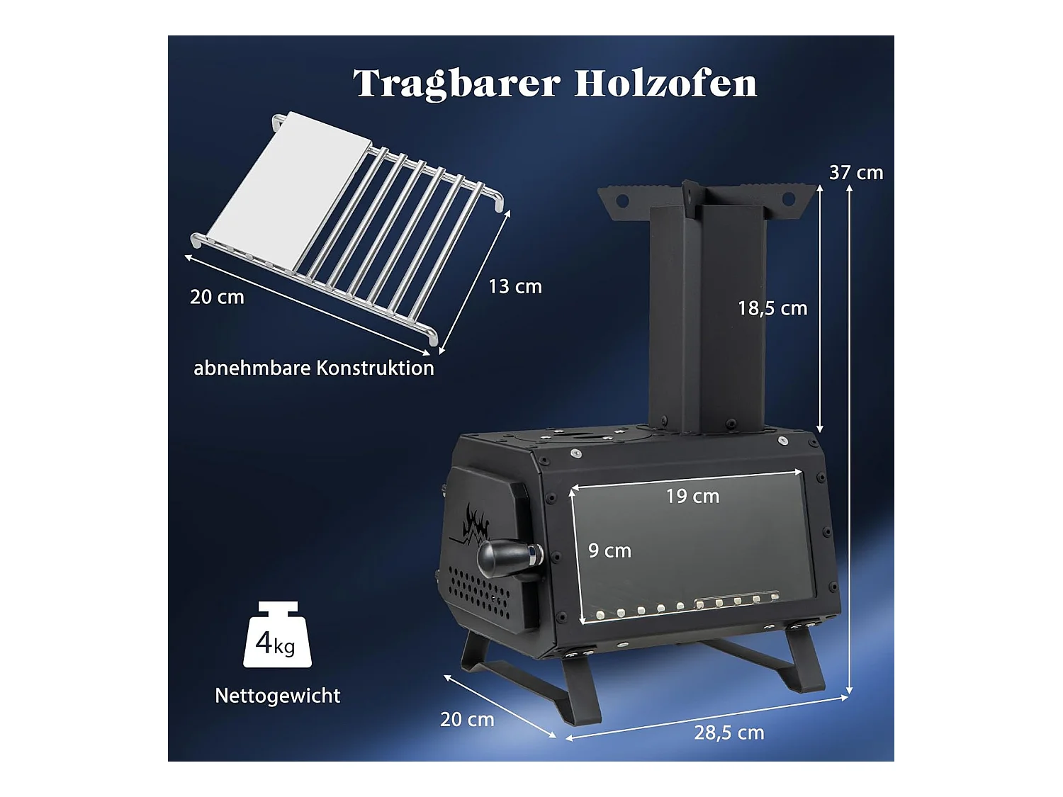 Outdoor Raketoven, 2 kookoppervlakken met kijkvenster en aspan, tentoven voor tuin en camping, kanonoven, houtkachel, campingoven