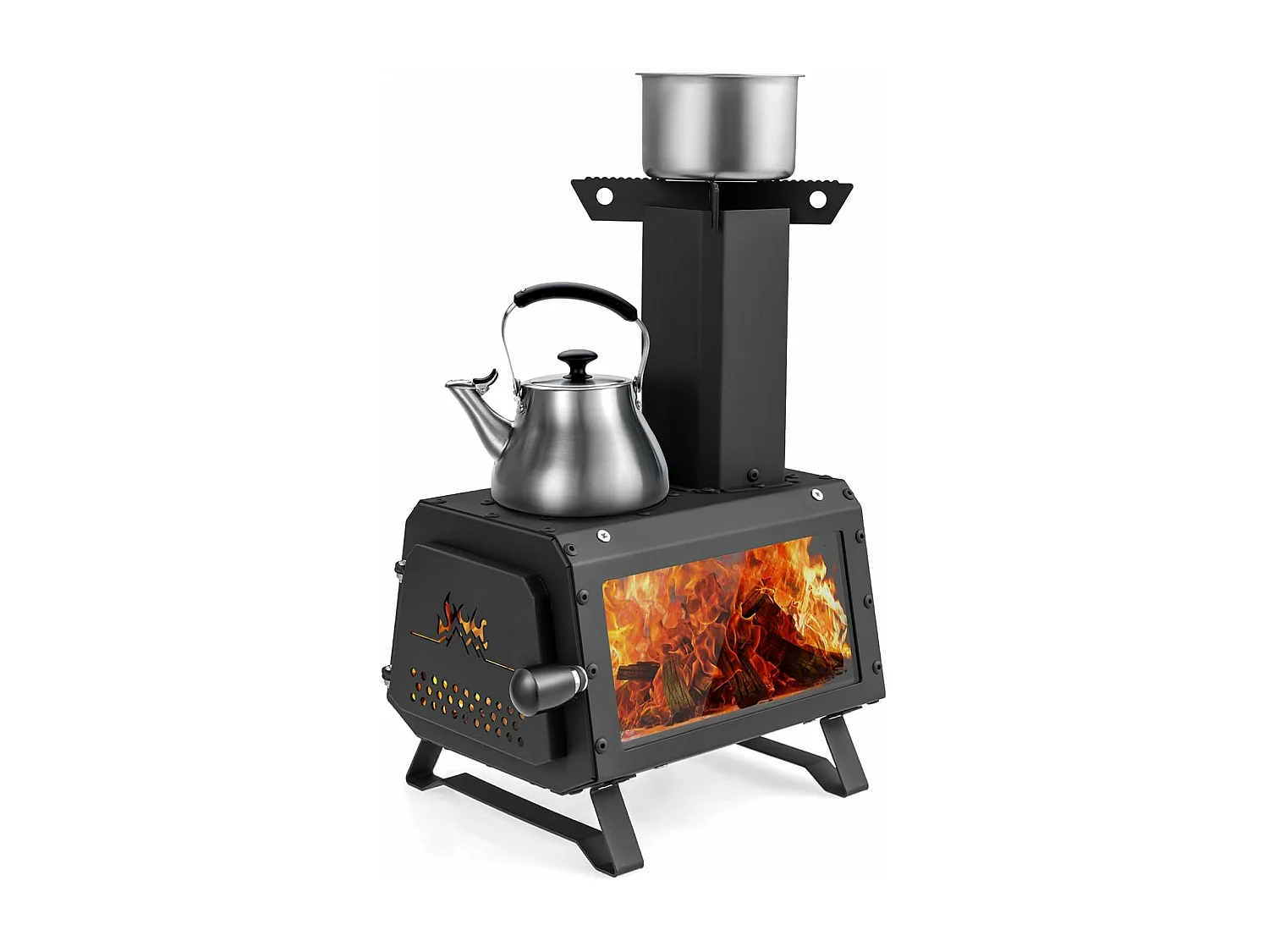 Outdoor Raketoven, 2 kookoppervlakken met kijkvenster en aspan, tentoven voor tuin en camping, kanonoven, houtkachel, campingoven