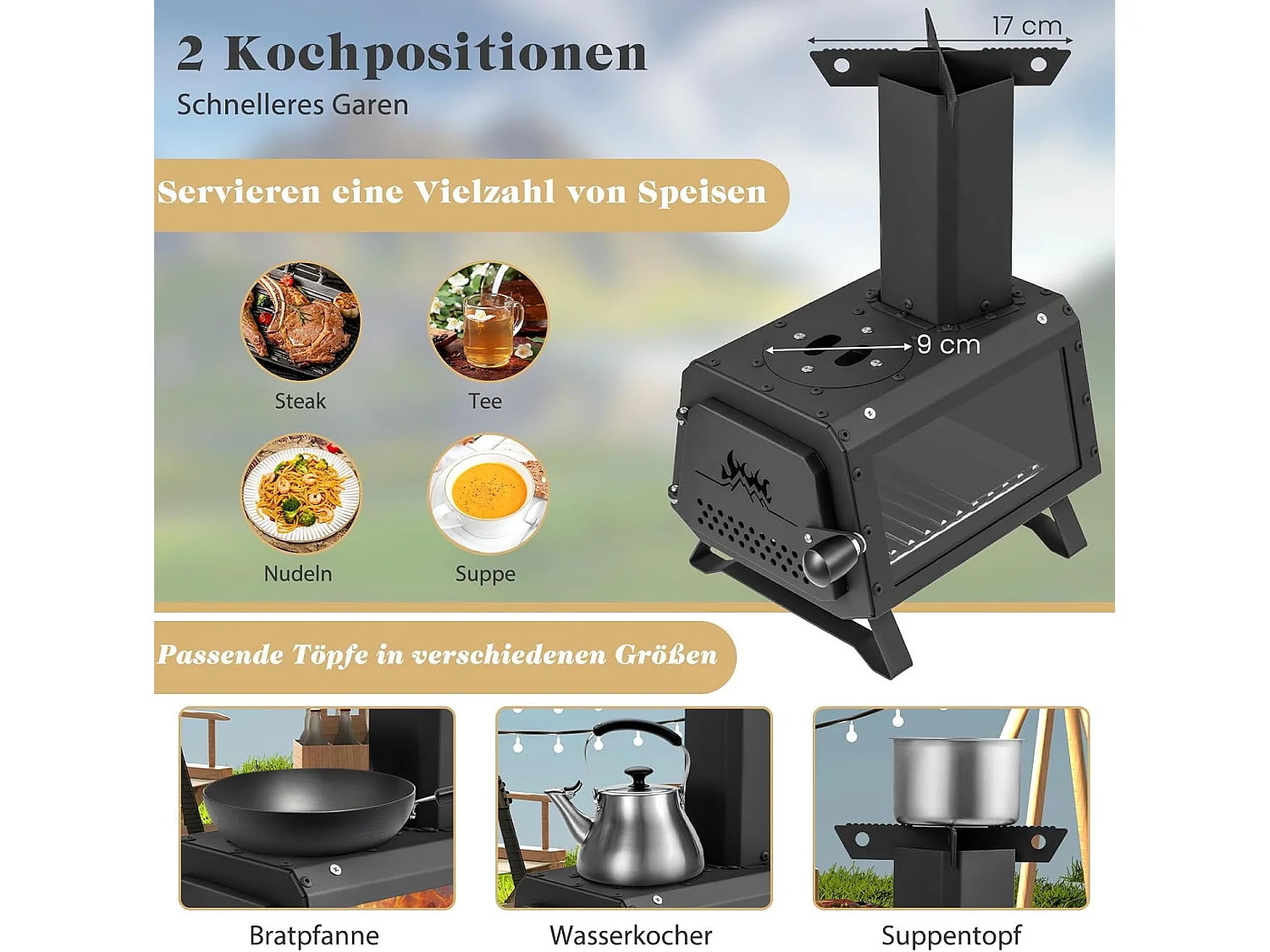 Outdoor Raketoven, 2 kookoppervlakken met kijkvenster en aspan, tentoven voor tuin en camping, kanonoven, houtkachel, campingoven