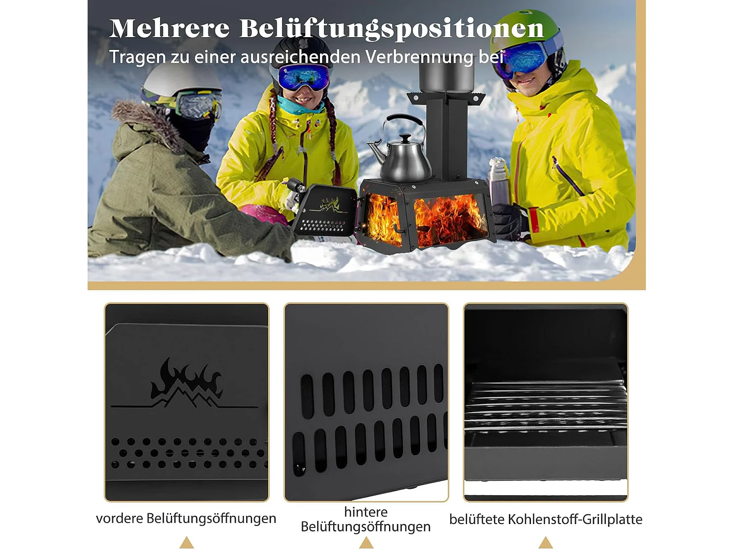 Outdoor Raketoven, 2 kookoppervlakken met kijkvenster en aspan, tentoven voor tuin en camping, kanonoven, houtkachel, campingoven