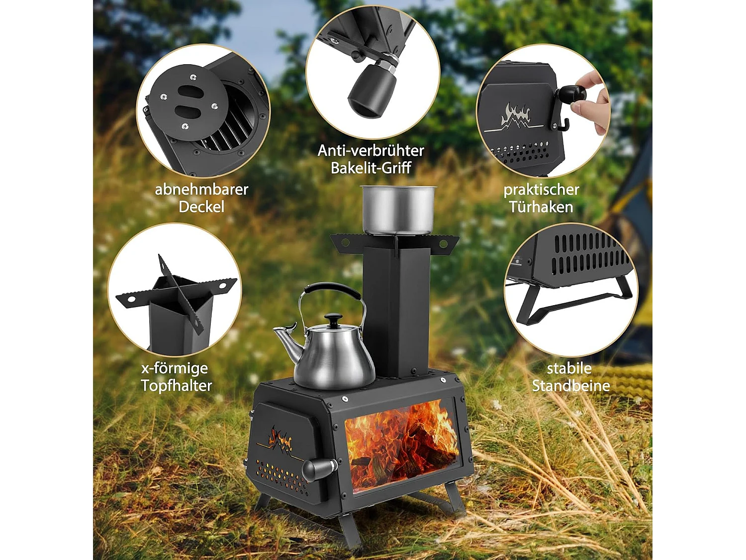 Outdoor Raketoven, 2 kookoppervlakken met kijkvenster en aspan, tentoven voor tuin en camping, kanonoven, houtkachel, campingoven