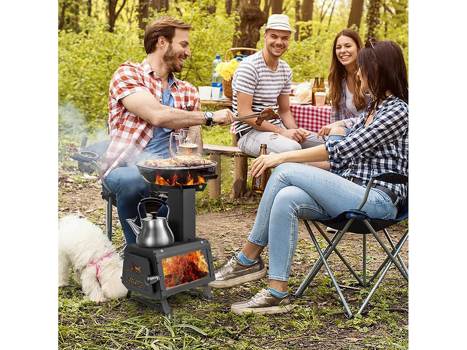 Outdoor Raketoven, 2 kookoppervlakken met kijkvenster en aspan, tentoven voor tuin en camping, kanonoven, houtkachel, campingoven