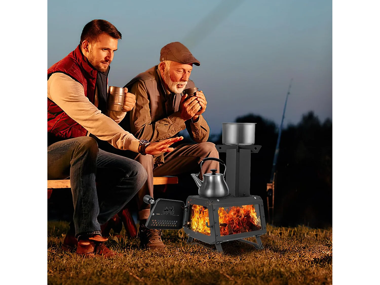 Outdoor Raketoven, 2 kookoppervlakken met kijkvenster en aspan, tentoven voor tuin en camping, kanonoven, houtkachel, campingoven