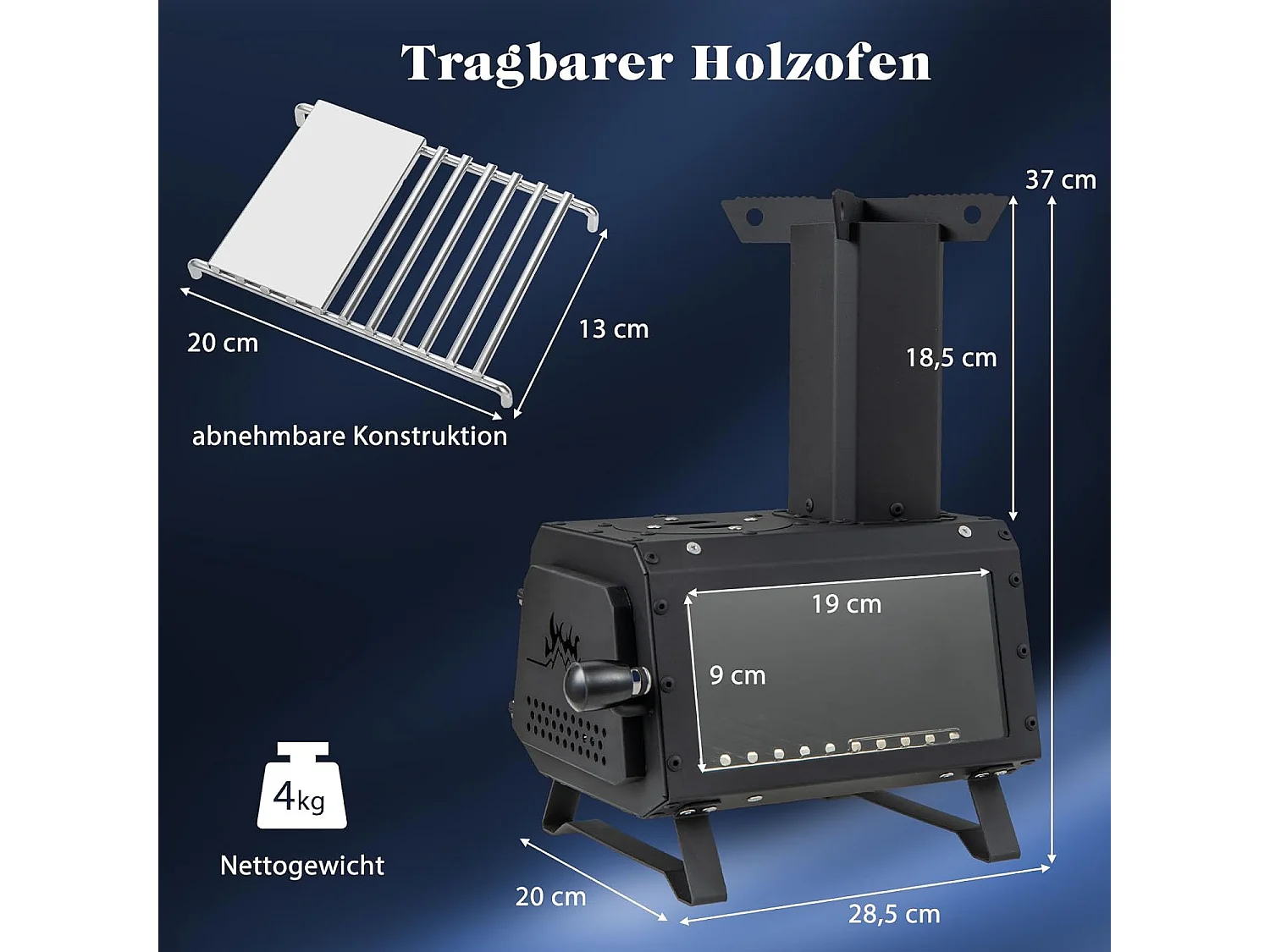 Outdoor Raketoven, 2 kookoppervlakken met kijkvenster en aspan, tentoven voor tuin en camping, kanonoven, houtkachel, campingoven
