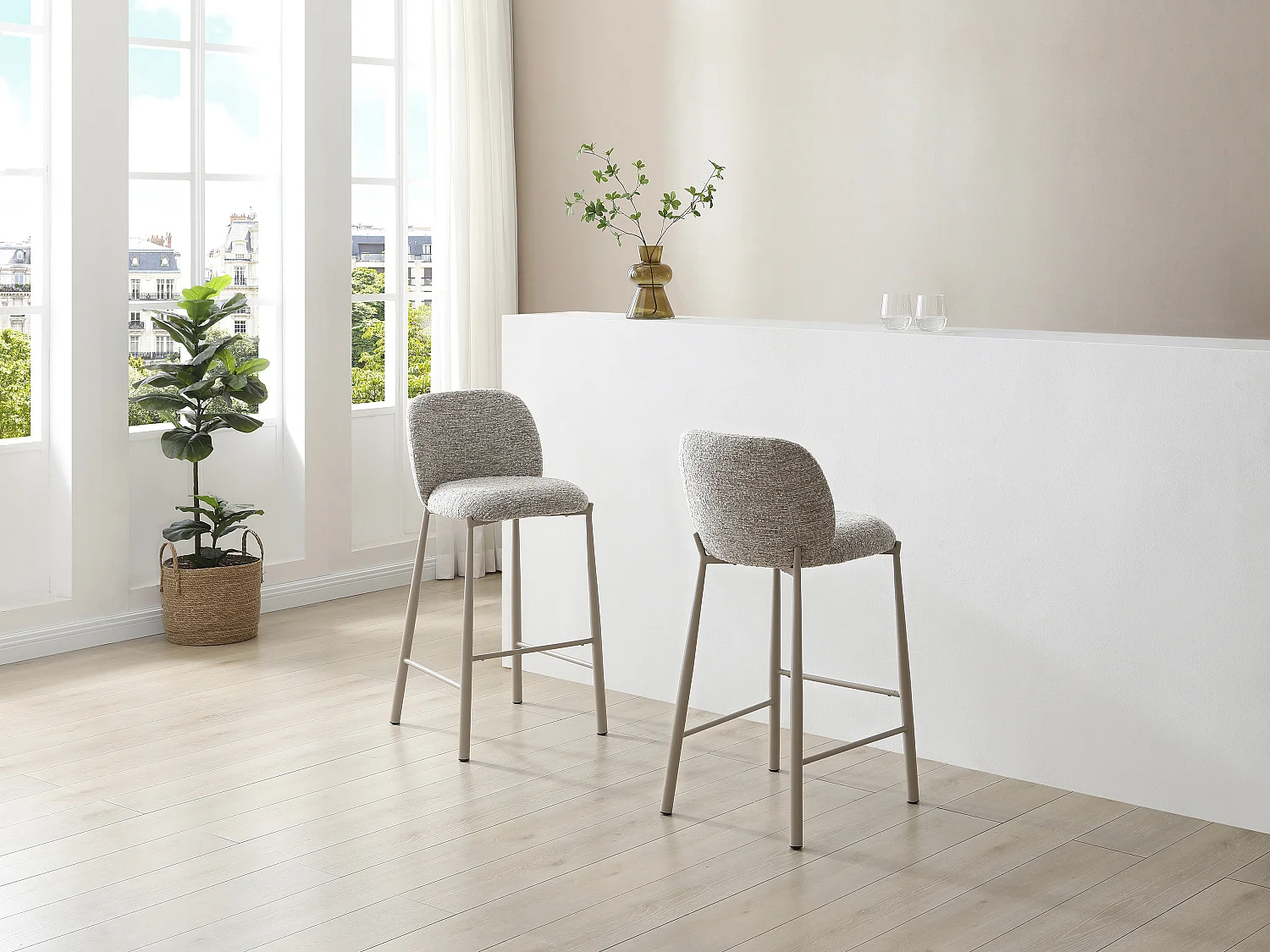 Lot de 2 tabourets en tissu texturé et métal taupe - Beige - JIZAK