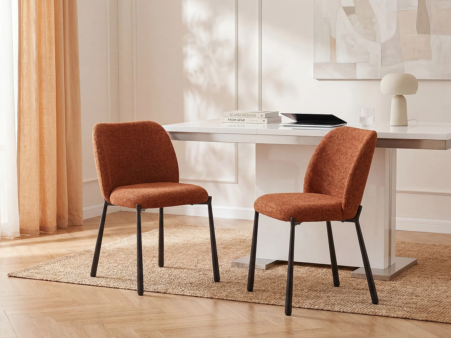 Set of 2 Textured Fabric and Black Metal Chairs - Terracotta - JIZAK