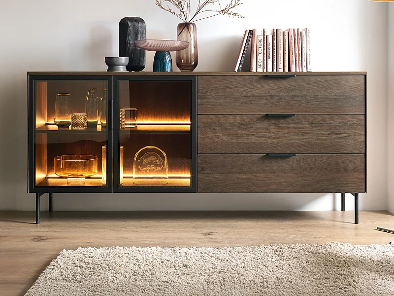 Dressoir met 2 deuren en 3 laden met LED-verlichting - kleur: Naturel en zwart - FOGLERI